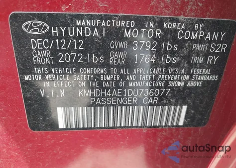 2013 Hyundai Elantra Limited z USA, uszkodzony, nr VIN KMHDH4AE1DU736077